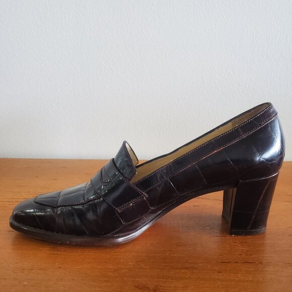 Joan & David W 7.5 Italy handmade Burgundy Croc Leather Heeled Penny loafer A213 - Picture 8 of 12